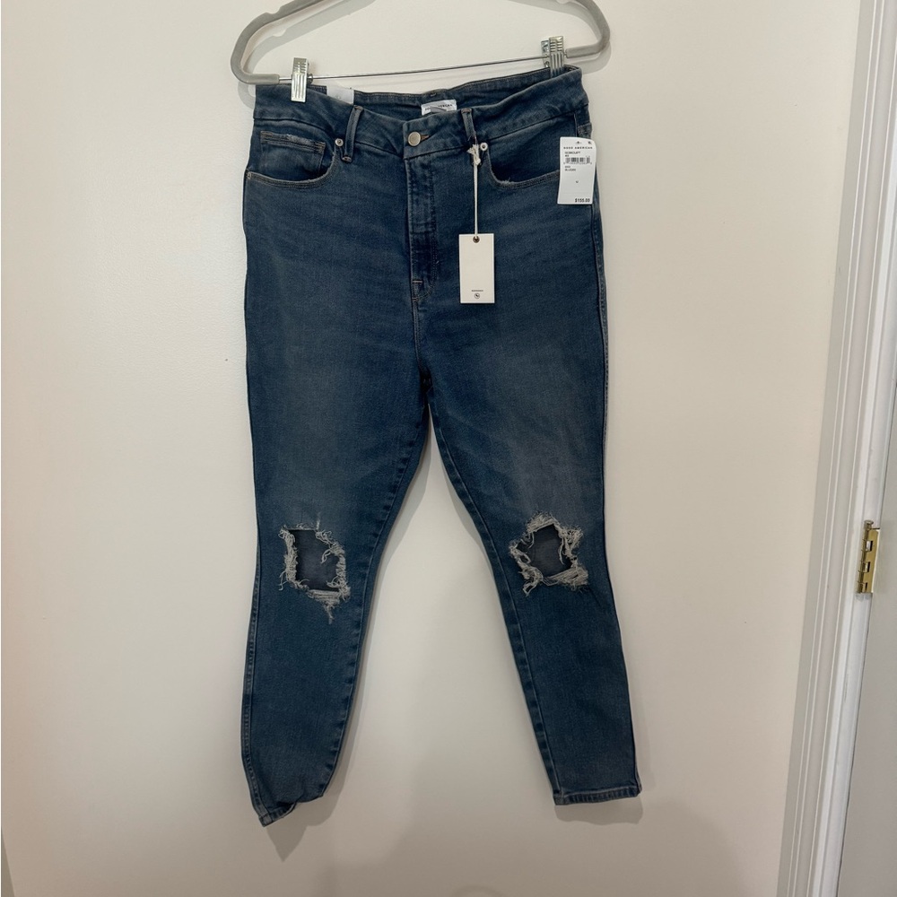 Good American High Rise Distressed Jeans - Dark Blue